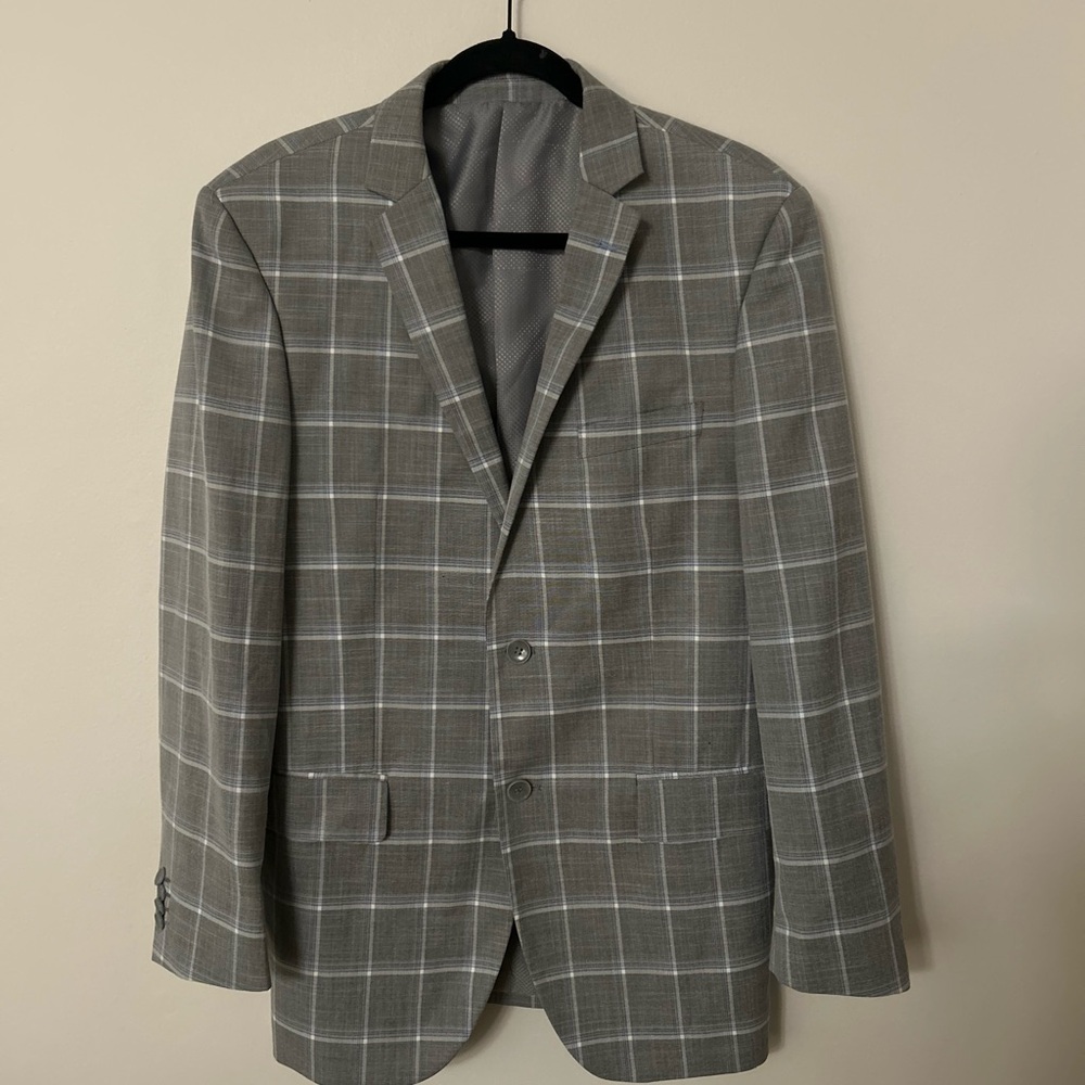 Bocaccio Uomo 40R Light Grey, White & Light Blue Plaid Sport Coat Blazer
